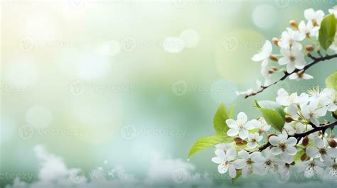 AI generated Spring blooming branch with white flowers on blue bokeh ...