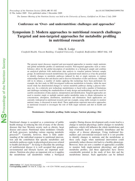 PDF Symposium 2 Modern Approaches To Nutritional Research Challenges