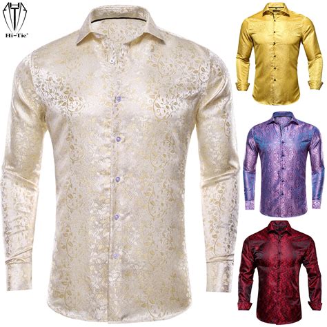 Camisas Tejidas De Seda Para Hombre Camisa Ajustada De Manga Larga Color Morado Rojo Dorado Azul