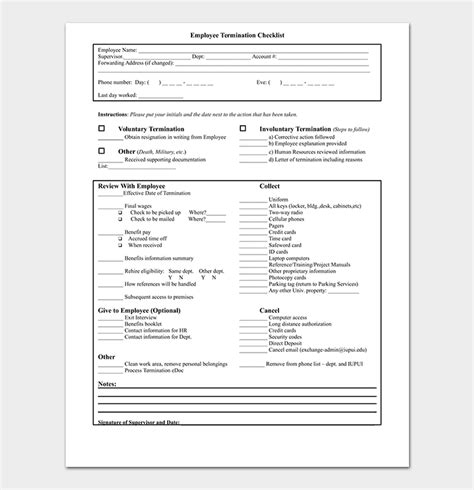 Termination Checklist Template Free For Word Doc Pdf