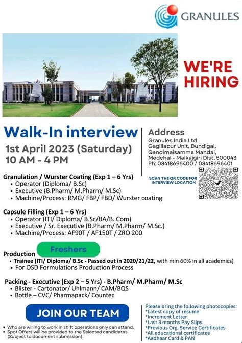 Granules India Ltd Mega Walk In Drive On St Apr For Freshers