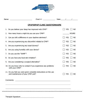 Fillable Online CPAPBIPAP CLINIC QUESTIONNAIRE Fax Email Print PdfFiller