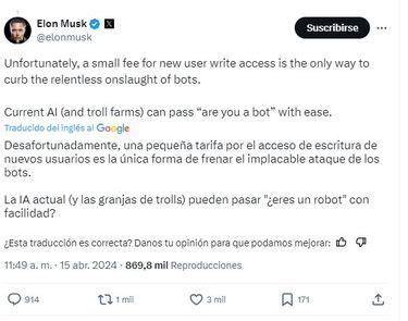 Elon Musk planearía cobrar un pequeño pago a los usuarios de X