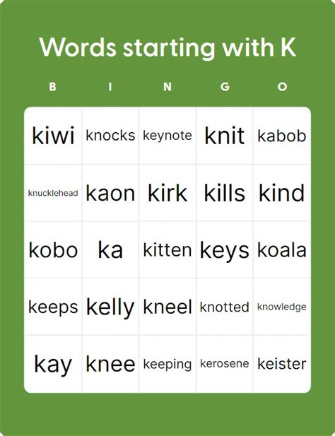 Words Starting With K Bingo Card Creator