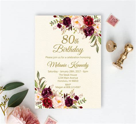 Custom Any Age 80th Birthday Invitation Women Birthday Gold Etsy