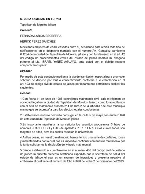 Solicitud De Divorcio Por Mutuo Consentimiento Descargar Gratis Pdf