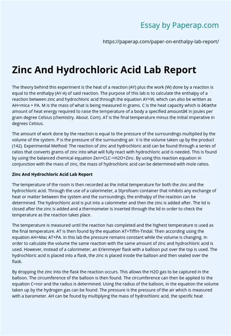 Zinc And Hydrochloric Acid Lab Report Free Essay Example