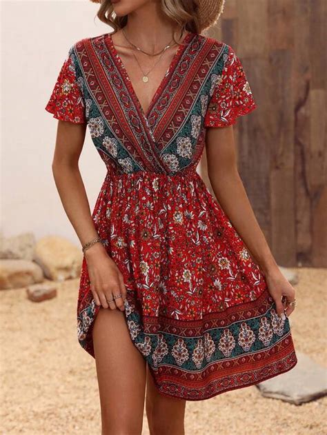 Shein Vcay Vestido L Nea A Con Estampado Floral De Cuello Cruzado