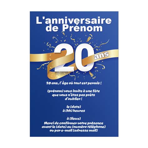 Invitation Anniversaire Ans Doree Bleu Gratuit Imprimer Carte