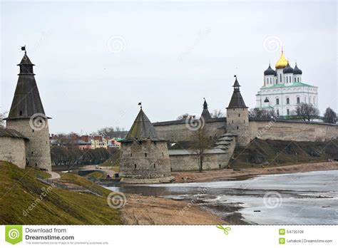 Stone Tower And Pskov Kremlin Fortress Wall Stock Photo Image Of