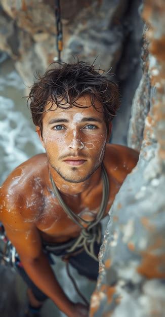 Premium Photo A Man With His Shirt Off Climbing In The Water