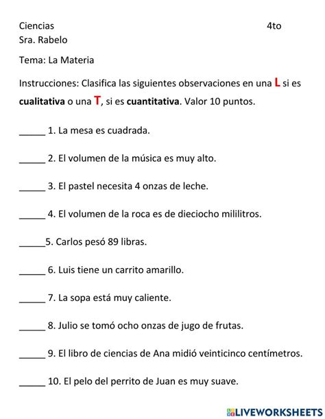 Propiedades Cualitativas Y Cuantitativas Worksheet Classroom School