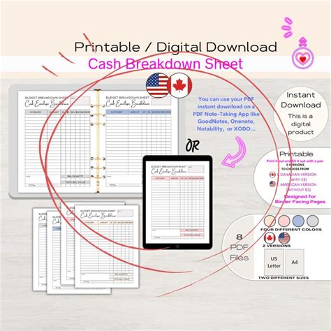 American Canadian Cash Breakdown Sheet Cash Stuffing Cash Envelope