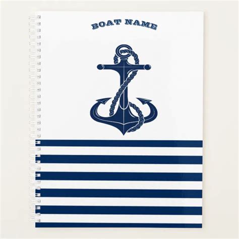 Nautical Boat Name Anchor Navy Blue White Stripes Planner Zazzle