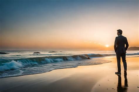 Un hombre se para en una playa con el sol poniéndose detrás de él