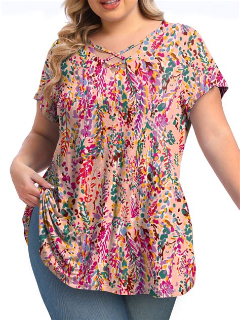 Mengpipi Women S Plus Size Rayon Shirts Criss Cross V Neck Short