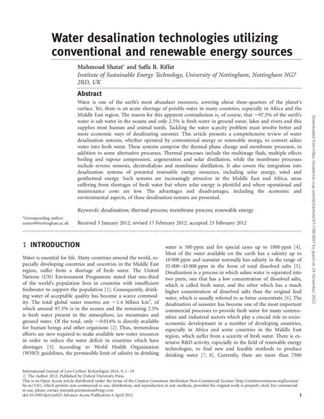 Water Desalination Technologies Utilizing Conventional And Renewable