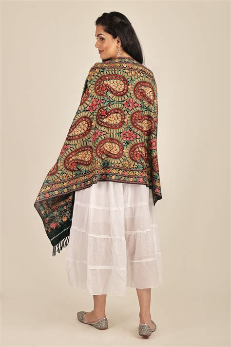 Black Beauty Woolen Stole From Kashmir With Aari Embroidered Floral