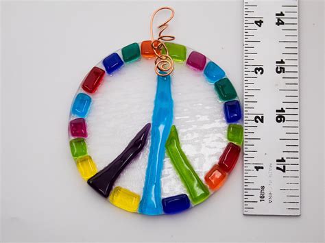 Fused Glass Peace Sign Ornament In A Rainbow Of Colors With A Custom