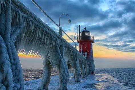 Frozen St Joseph North Pier Lighthouse Michigan Usa By Charles