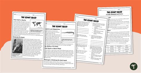 Giant Squid Reading Comprehension Worksheets Th Grade Teach Starter