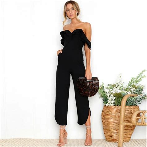 Off Shoulder Elegant Jumpsuits Double Layer Ruffle Backless Wide Leg