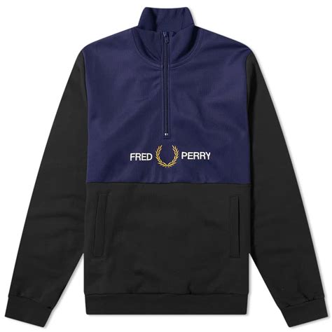 Fred Perry Embroidered Logo Panel Half Zip Sweat Black End Cn