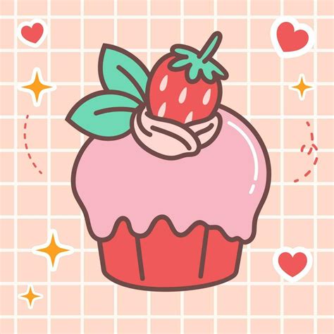 Kawaii Food Cartoon Of Strawberry Cupcakes Illustration Vector Icon Of