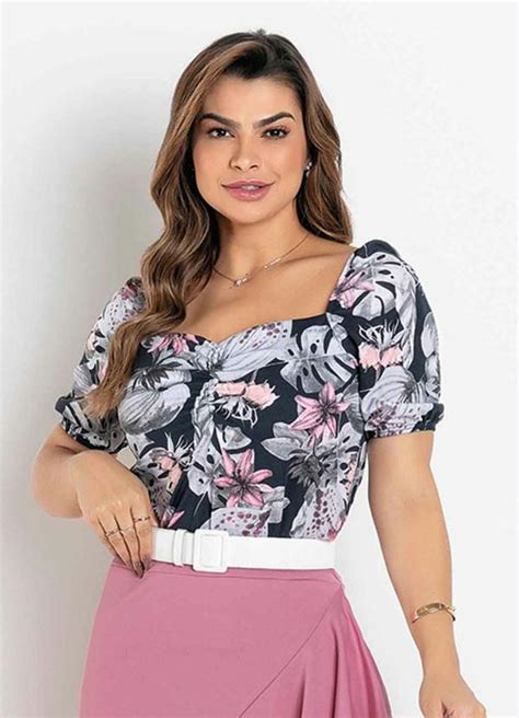 Blusa Franzido Floral Azul Moda Evangélica Rosalie