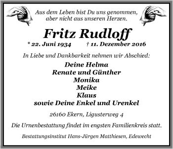 Traueranzeigen Von Fritz Rudloff Nordwest Trauer De