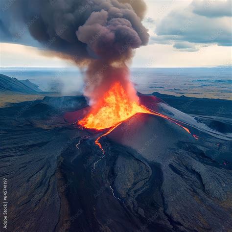 Aerial Panoramic View Of Volcano Eruption Litli Hr Tur Hill