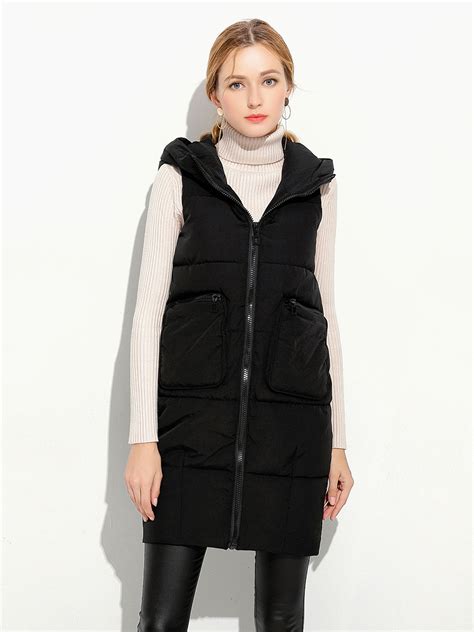 Zipper Long And Thick Warm Womens Puffer Vest With Hood