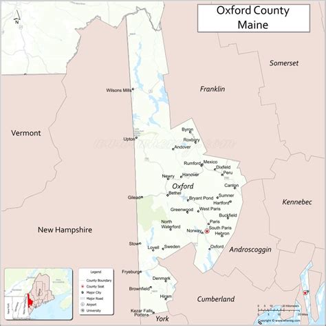 Map of Oxford County, Maine showing cities, highways & important places ...