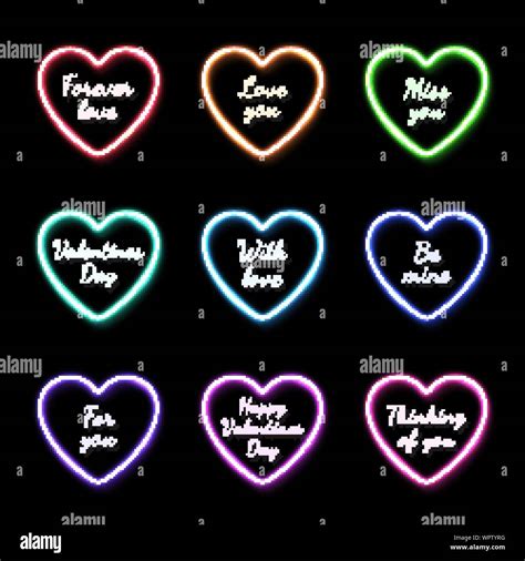 Color Valentines Day Neon Hearts Frames Set With Celebrating Text