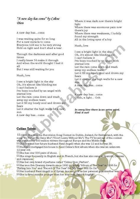 A New Day Has Come by Celine Dion - ESL worksheet by Alessandrina