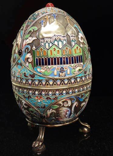 Large Russian Silver Enamel Egg With Church