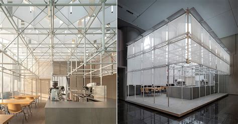 Scaffolding Translucent Skin Form Coffee Shop Pavilion Within Office