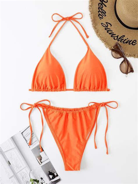 Plus Set bikini unicolor Sujetador triángulo halter bottom bikini con