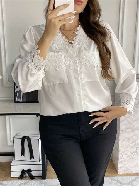 Shein Frenchy Plus Guipure Lace Trim Puff Sleeve Blouse Shein Usa