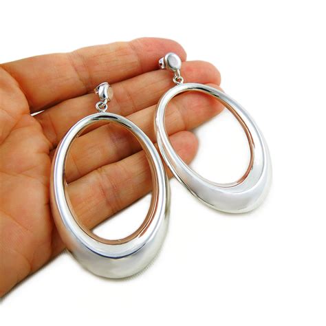 Long 925 Sterling Silver Oval Drop Earrings Ebay