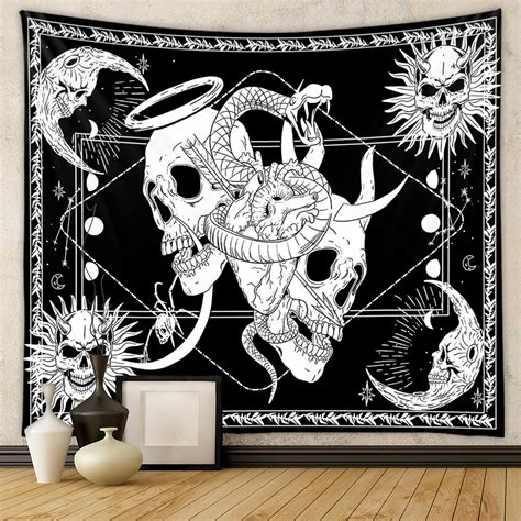 Tapiz De Decoración En Blanco Y Negro Calavera De Cabra Sol Y Luna