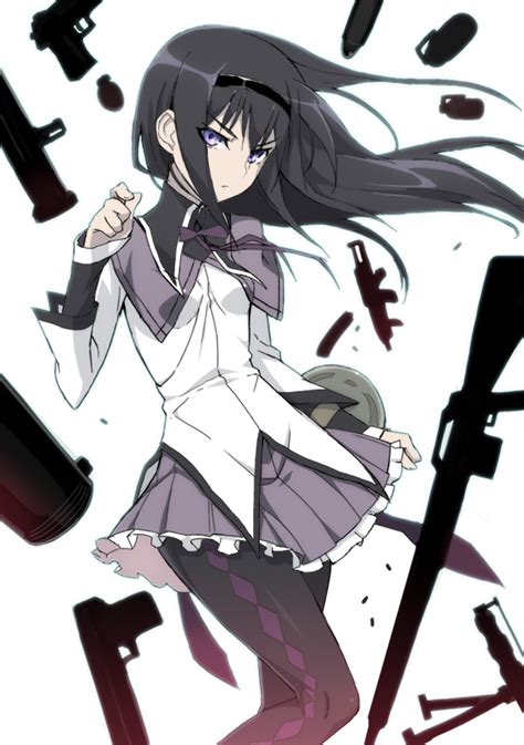 Safebooru Akemi Homura Assault Rifle Black Hair Black Legwear Blue Eyes Explosive Grenade Gun