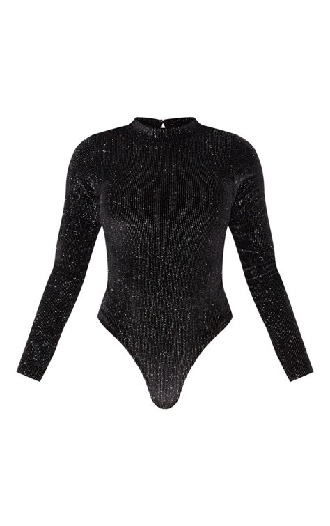 Black High Neck Velvet Glitter Bodysuit Prettylittlething