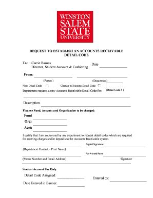 Fillable Online Wssu REQUEST TO ESTABLISH AN ACCOUNTS RECEIVABLE DETAIL