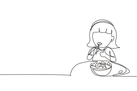 Single one line drawing little girl eating fresh vegetable salad and ...