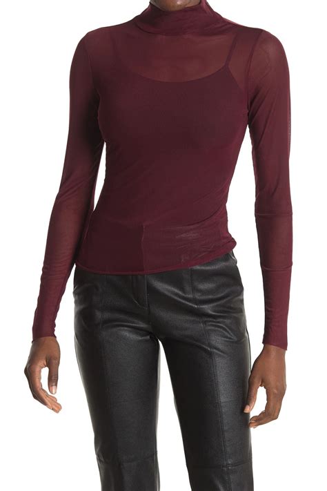 Afrm Mock Neck Long Sleeve Mesh Top In Burgundy Modesens