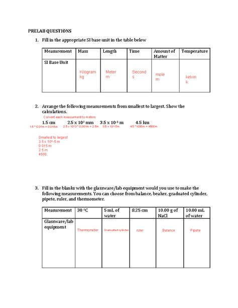 Pre Laboratory Questions PRELAB QUESTIONS 1 Fill In The Appropriate