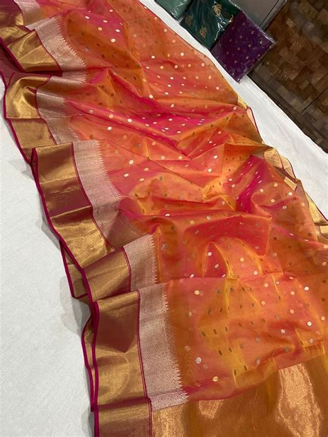 Buy Flame Pea Color Organza Chanderi Katan Silk Saree MUL 627 Online In