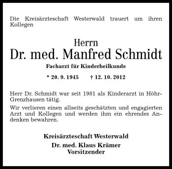 Traueranzeigen Von Manfred Schmidt Rz Trauer De