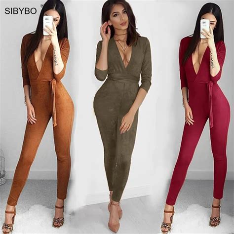 Suede Bodycon Bandage Jumpsuit Women 2018 Deep V Neck Autumn Winter